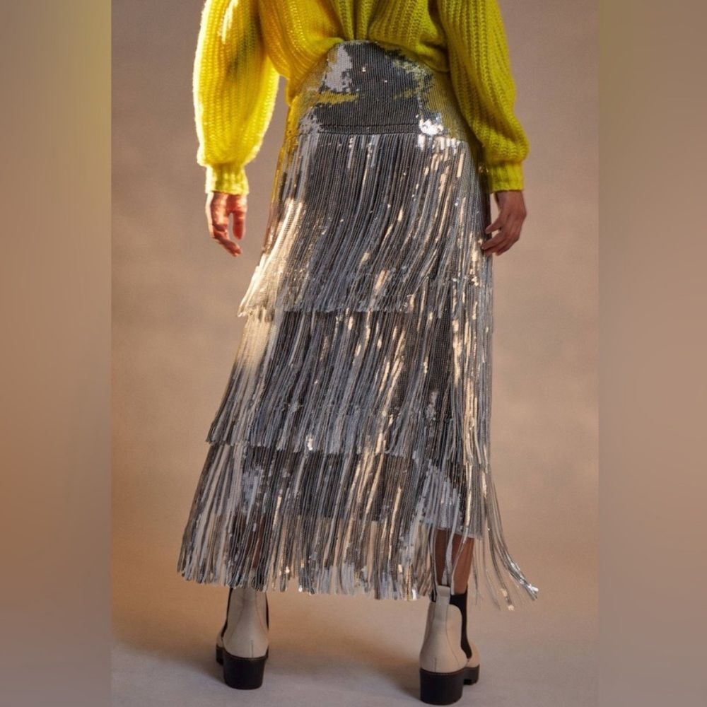 Anthropologie Maeve Tatiana Silver Sequin Fringe Skirt Size 2 - Picture 2 of 11
